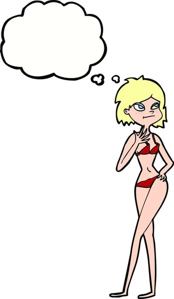 Cartoon Vrouw Bikini Met Gedachte Bubble — Stockvector