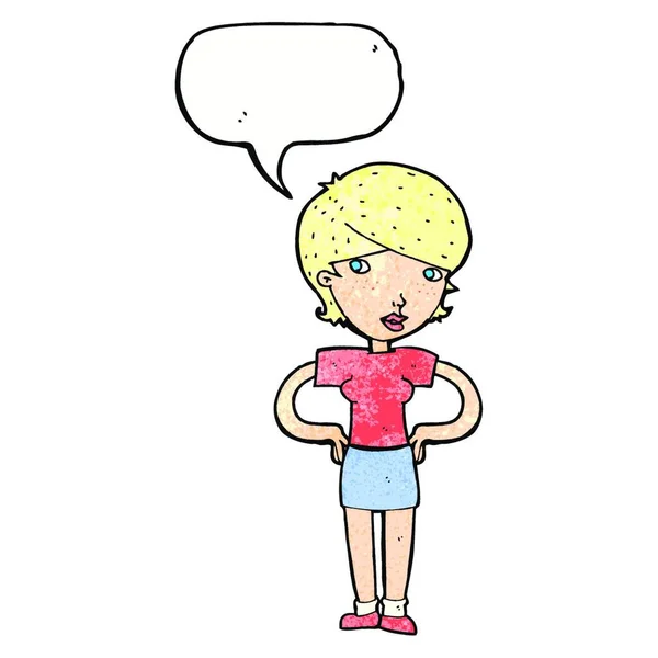 Mujer Dibujos Animados Con Las Manos Las Caderas Con Burbuja — Vector de stock