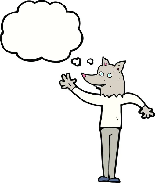 Desenho Animado Acenando Lobo Homem Com Bolha Pensamento — Vetor de Stock