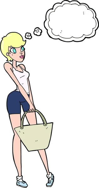 Cartone Animato Attraente Donna Shopping Con Bolla Pensiero — Vettoriale Stock