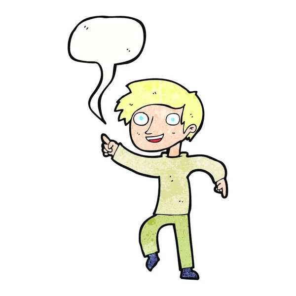 Cartoon Happy Boy Pointing Speech Bubble — Stock Vector