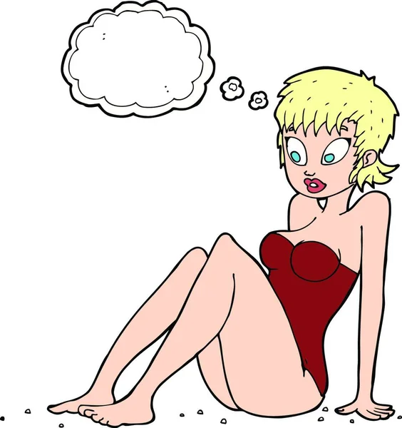 Mujer Dibujos Animados Traje Baño Con Burbuja Pensamiento — Archivo Imágenes Vectoriales