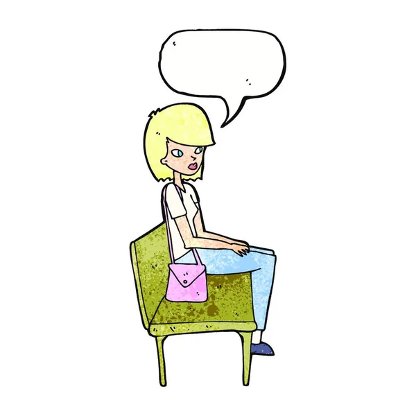 Donna Dei Cartoni Animati Seduta Panchina Con Bolla Vocale — Vettoriale Stock