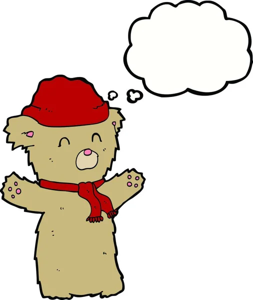 Cartoon Teddy Bear Hat Scarf Thought Bubble — Stock Vector