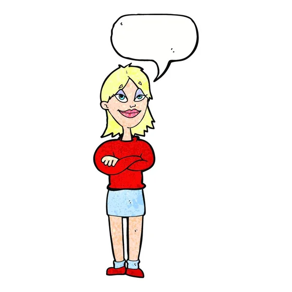 Dibujos Animados Orgullosa Mujer Con Habla Burbuja — Vector de stock