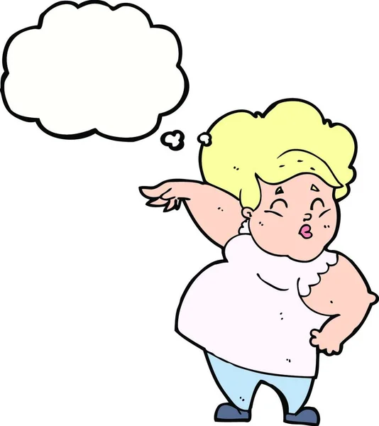 Cartoon Gelukkig Overgewicht Dame Met Gedachte Zeepbel — Stockvector