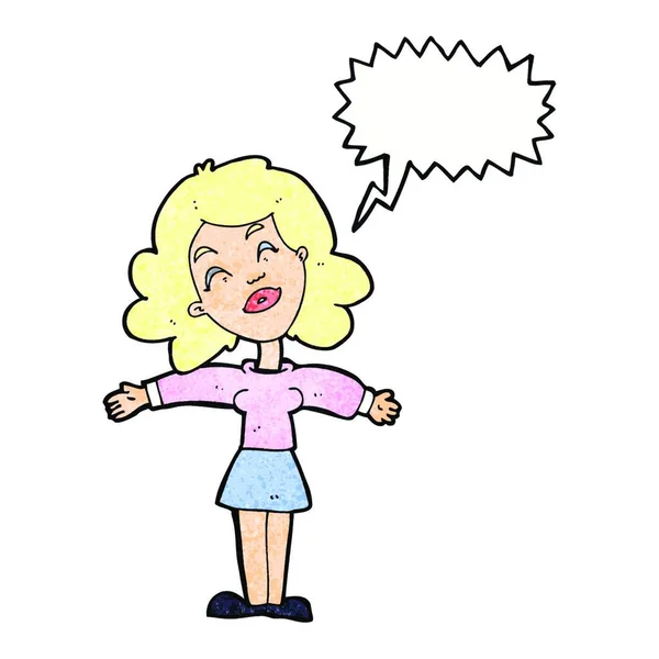 スピーチバブルの開いた腕を持つ漫画の女性 — ストックベクタ