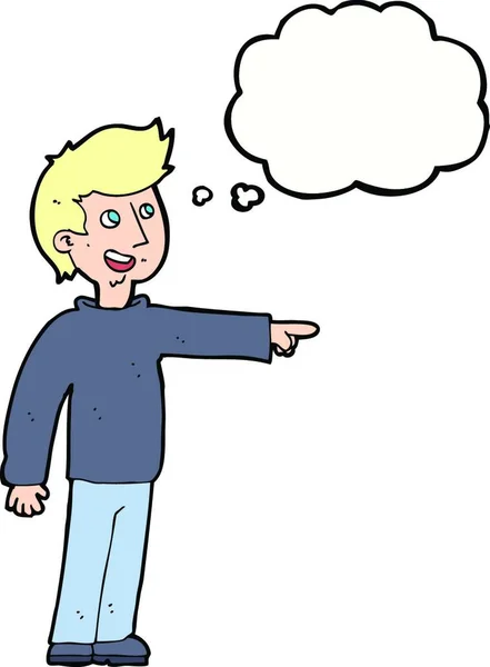 Dibujos Animados Hombre Feliz Señalando Riendo Con Burbuja Pensamiento — Vector de stock