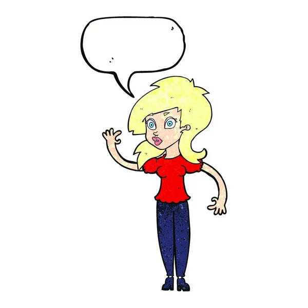 Cartoon Mooie Vrouw Zwaaien Met Spraak Zeepbel — Stockvector