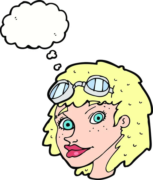 Cartone Animato Donna Felice Indossando Occhiali Aviatore Con Bolla Pensiero — Vettoriale Stock