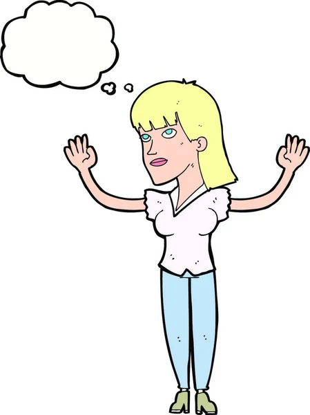 Mujer Dibujos Animados Lanzando Las Manos Aire Con Burbuja Pensamiento — Vector de stock