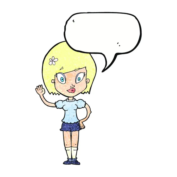 Cartoon Pretty Girl Waving Speech Bubble — Stock Vector