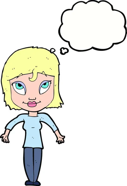 Chica Dibujos Animados Hombros Encogiéndose Hombros Con Burbuja Pensamiento — Vector de stock