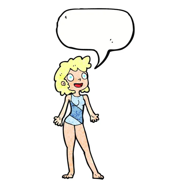 Mujer Dibujos Animados Traje Baño Con Burbuja Del Habla — Vector de stock