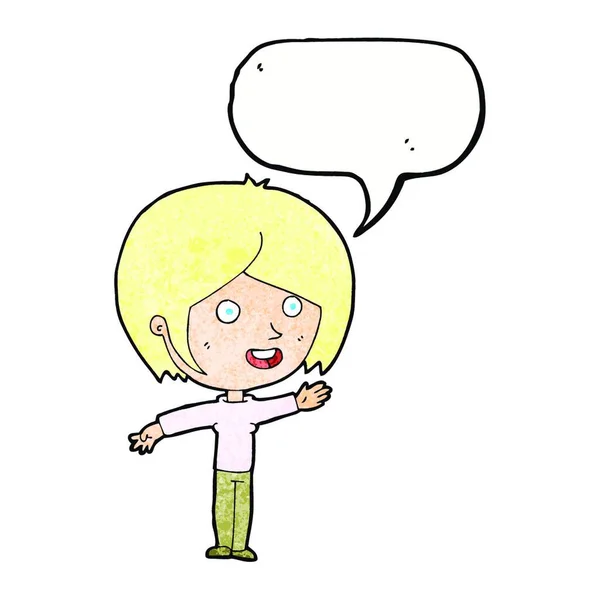 Karikatur Glückliches Mädchen Winkt Mit Sprechblase — Stockvektor