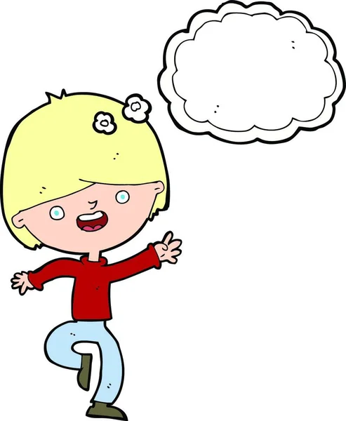 Cartoon Glücklicher Junge Tanzt Mit Gedankenblase — Stockvektor