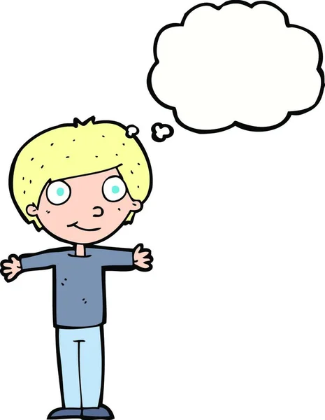 Karikatur Glücklicher Junge Mit Offenen Armen Und Gedankenblase — Stockvektor