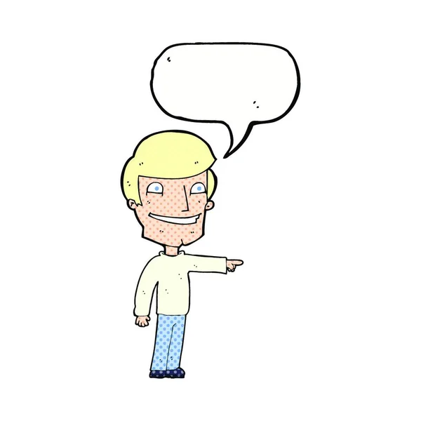 Desenho Animado Homem Feliz Apontando Com Bolha Fala — Vetor de Stock