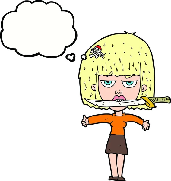 Mujer Dibujos Animados Con Cuchillo Entre Dientes Con Burbuja Pensamiento — Vector de stock