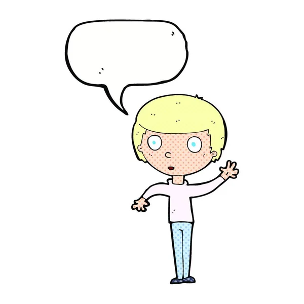 Karikatur Winkender Junge Mit Sprechblase — Stockvektor