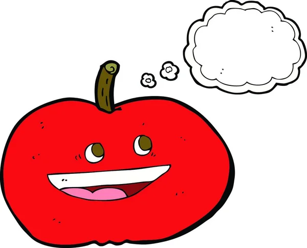 Dibujos Animados Manzana Feliz Con Burbuja Pensamiento — Vector de stock