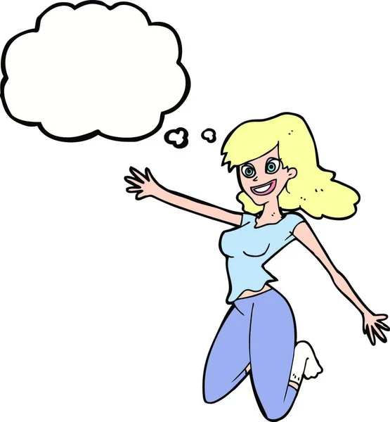 Cartoon Springen Vrouw Met Gedachte Bubble — Stockvector