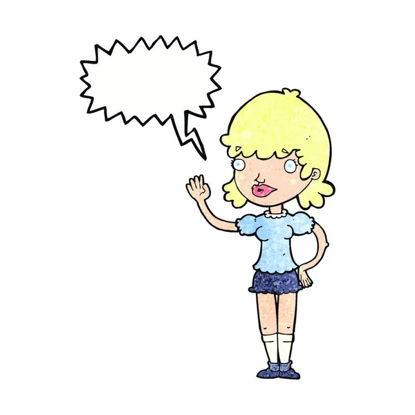 Cartoon Zwaaien Vrouw Met Tekstballon — Stockvector