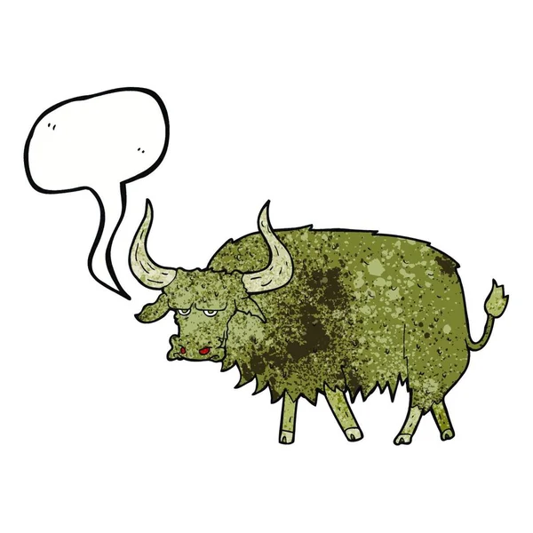 Dibujos Animados Vaca Peluda Molesta Con Burbuja Habla — Vector de stock