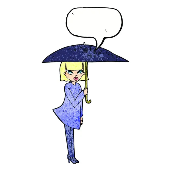 Karikatur Frau Mit Regenschirm Mit Sprechblase — Stockvektor