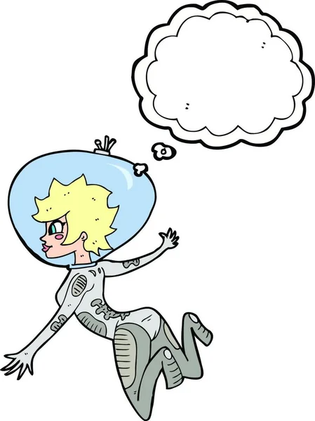 Mujer Espacio Dibujos Animados Con Burbuja Pensamiento — Vector de stock