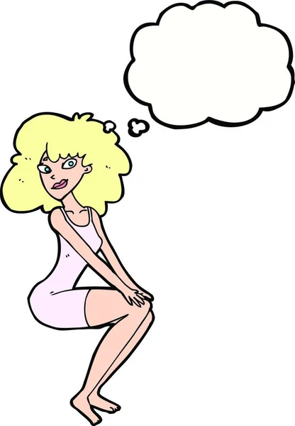 Cartoon Zittende Vrouw Jurk Met Gedachte Zeepbel — Stockvector