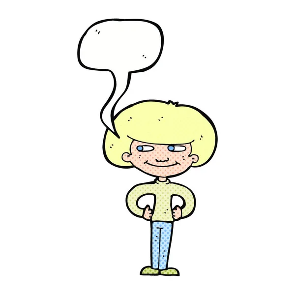 Cartoon Boy Hands Hips Speech Bubble — Stock Vector