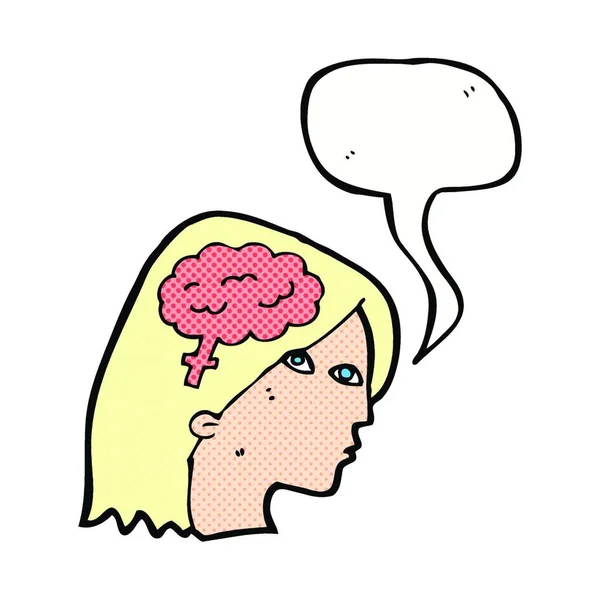 Kepala Wanita Kartun Dengan Simbol Otak Dengan Gelembung Ucapan - Stok Vektor