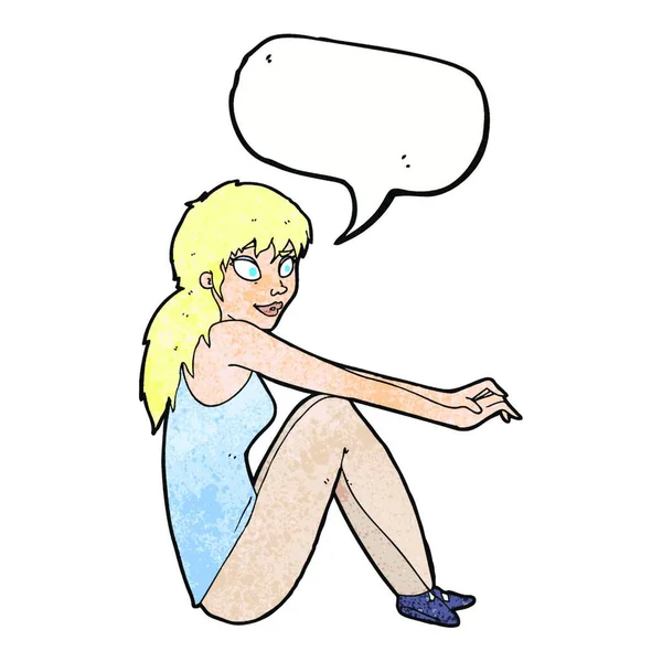 Karikatur Glückliche Frau Sitzt Mit Sprechblase — Stockvektor