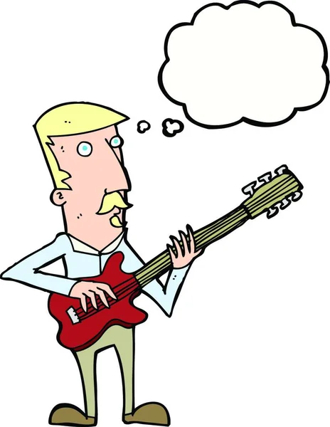 Hombre Dibujos Animados Tocando Guitarra Eléctrica Con Burbuja Pensamiento — Vector de stock