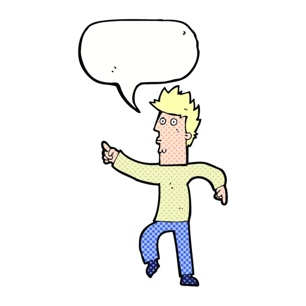 Karikatur Besorgter Mann Zeigt Mit Sprechblase — Stockvektor