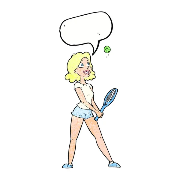 Femme Dessin Animé Jouant Tennis Avec Bulle Parole — Image vectorielle