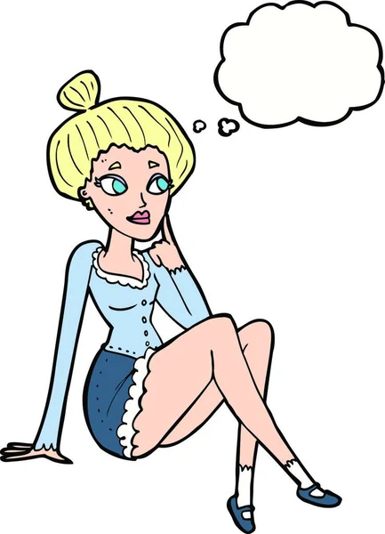 Cartone Animato Donna Attraente Seduto Pensando Con Bolla Pensiero — Vettoriale Stock