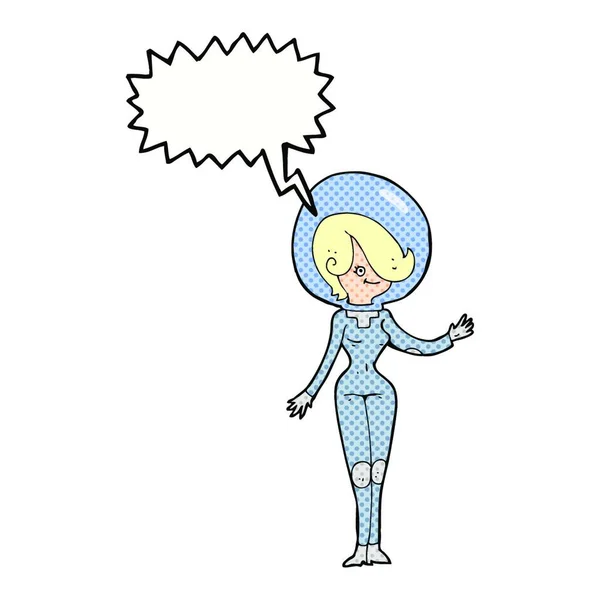 Mujer Del Espacio Dibujos Animados Con Burbuja Habla — Vector de stock