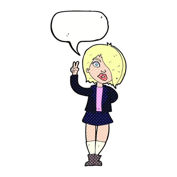 卡通片 酷女孩 给出了带有言语泡沫的和平信号 — 图库矢量图片
