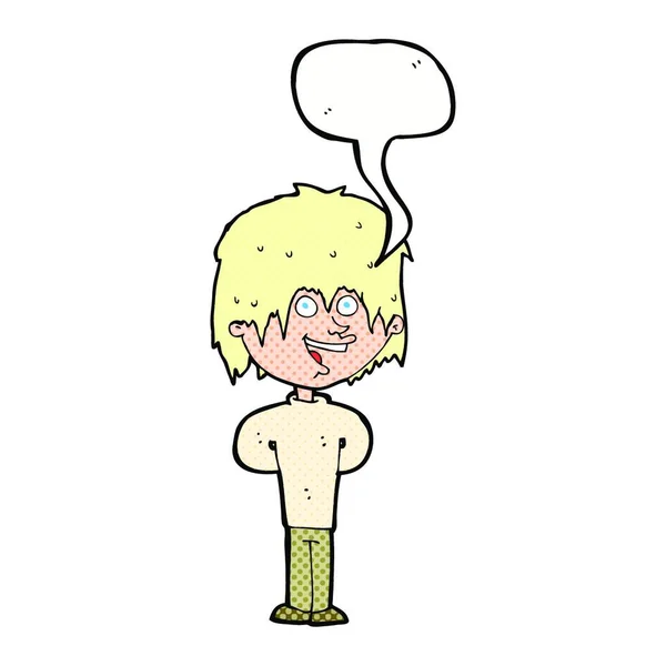Karikatur Glücklicher Skrupelloser Junge Mit Sprechblase — Stockvektor