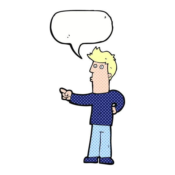 Karikatur Neugieriger Mann Zeigt Mit Sprechblase — Stockvektor