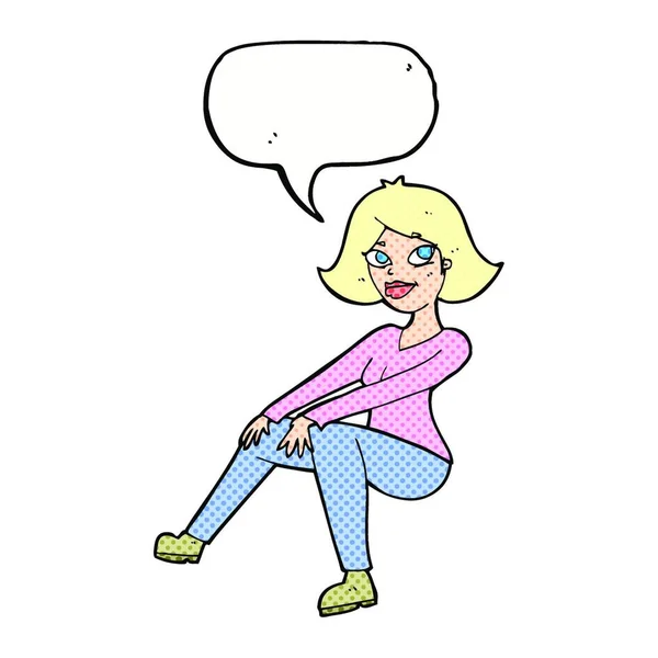 Karikatur Glückliche Frau Sitzt Mit Sprechblase — Stockvektor