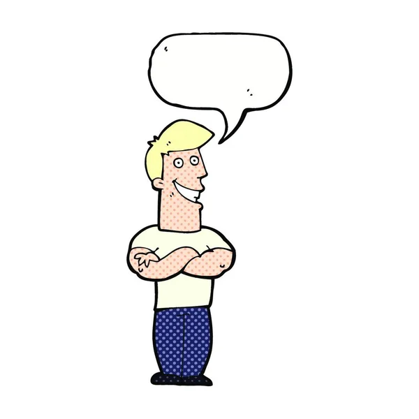 Cartoon Grijnzende Man Met Spraakbel — Stockvector