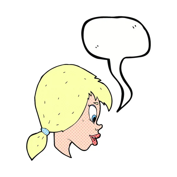 Karikatur Hübsches Weibliches Gesicht Mit Sprechblase — Stockvektor