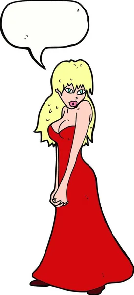 Karikatur Hübsche Frau Kleid Mit Sprechblase — Stockvektor