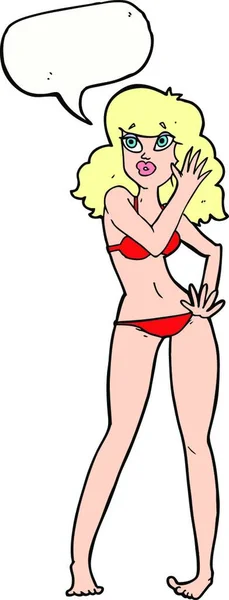 Cartoon Mooie Vrouw Bikini Met Spraak Zeepbel — Stockvector