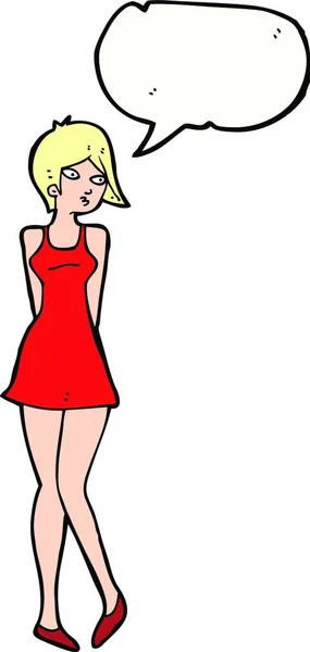 Karikatur Hübsche Frau Kleid Mit Sprechblase — Stockvektor