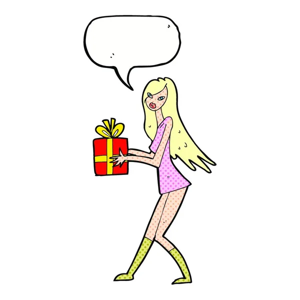 Fille Mode Dessin Animé Avec Cadeau Avec Bulle Parole — Image vectorielle