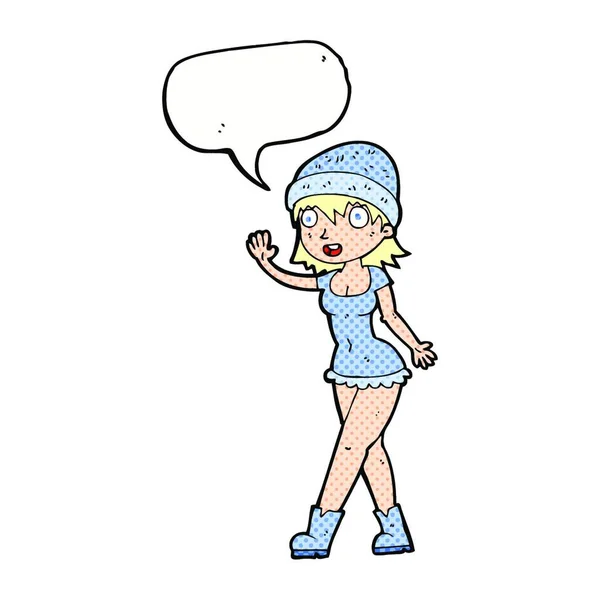 Cartoon Pretty Girl Hat Waving Speech Bubble — Stock Vector